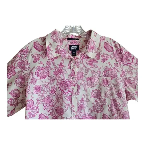 LANDS END Petite 16 16P Blouse Supima Cotton No Iron Paisley Cream Pink 46" Bust - Picture 2 of 7